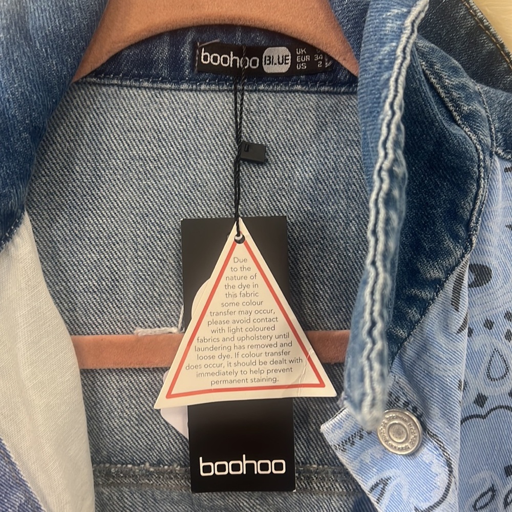 Blue Patchwork Denim Jacket size 2 NWT - image 2